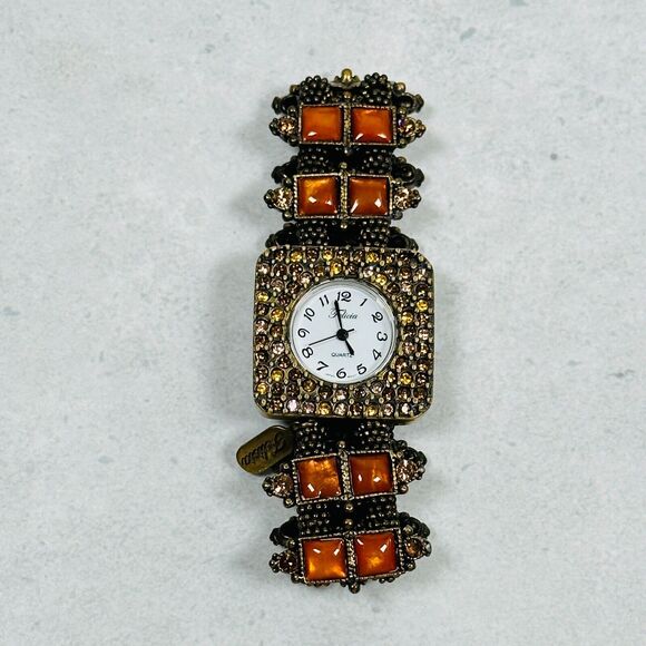 Felecia Watch Bracelet Rhinestone Stretchy Band 30mm Bronze Tone New Battery - Picture 5 of 8